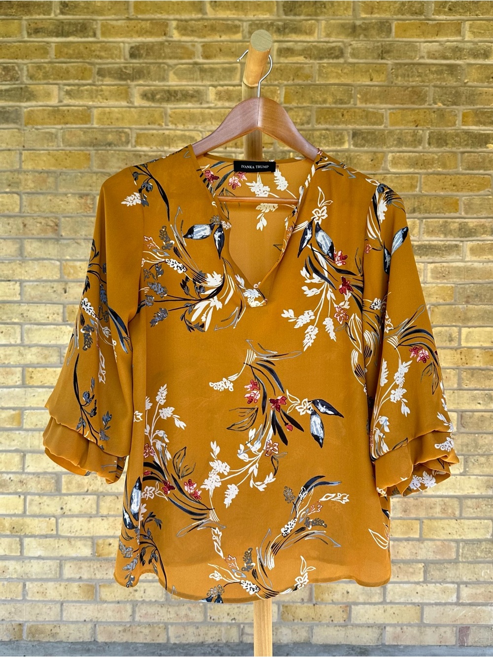 Ivanka Trump Mustard Yellow Floral Tiered Sleeve Blouse - Size XS (Fits S)